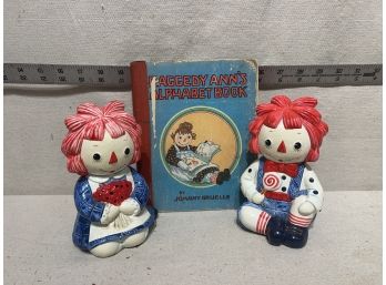 Vintage Fitz & Floyd Raggedy Anne & Andy Doll Figures With Vintage Book