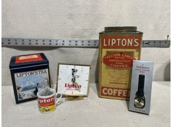 Lipton Advertising Set: Tins, Clock, Tiny Mug, And Watch