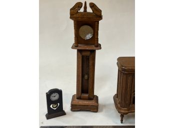 Miniature Wooden Grandfather Clock, Radio, Mantel Clock