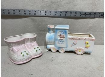 Vintage Set Of Napcoware Baby Planters: Boots & Baby Express Train