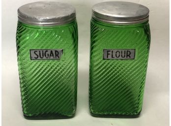 Green Depression Glass Sugar And Flour Ribbed Canisters
