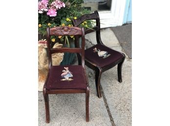 Vintage Children Chairs With Handmade Needlepoint Seats
