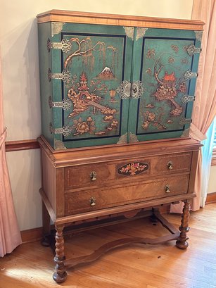 Chinese Style Serving Cabinet Chinoiserie With Decorated Top