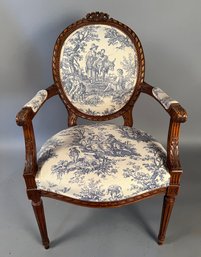 Carved French Style Armchair With Blue And White Upholstery