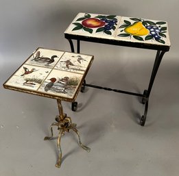 Two Vintage Tile Top Tables With Iron Bases