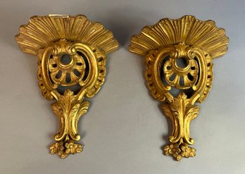 Pair Of Vintage Italian Style Gold Plaster Wall Shelves