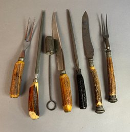 Seven Piece Lot Of Antler Handle Carving Tools