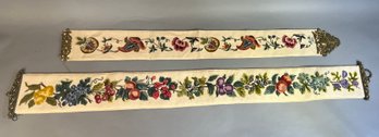 Two Long Needlepoint Wall Hangings With Brass Pulls