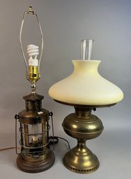 Two Brass Lamps, One Lantern Style