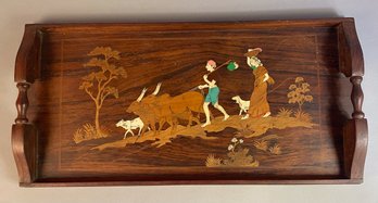 Wooden Tray With Inlaid Asian Style Scene