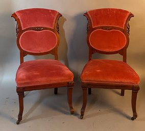 Pair Arts And Crafts Era Carved And Upholstered Side Chairs