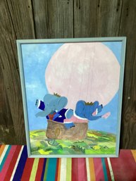 Framed Painting Of Elephants In A Hot Air Balloon. JH