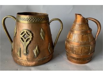 2 Vintage Pcs Copper And Brass 2 Handled Large Cup Copper And Wood Pitcher