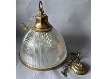 Large Ribbed Glass And Brass Bell Shaped Light