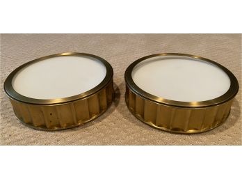 Pair Of Round Brass And Glass Art Deco Style Cieling Fixture Lights - Original Cost $1170.00