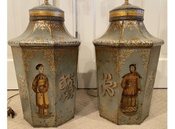 Pr Vintage Asian Paint Decorated Table Lamps