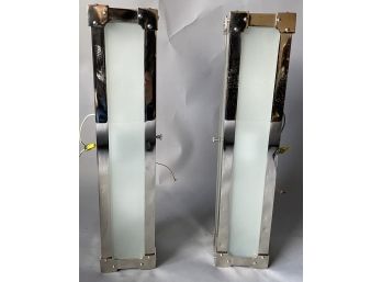 Pair Chrome And Frosted Glass Rectangular Lights Wall Sconces