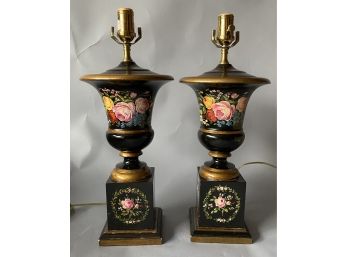 Pr Floral Painted Table Lamps Urn On Pedestal