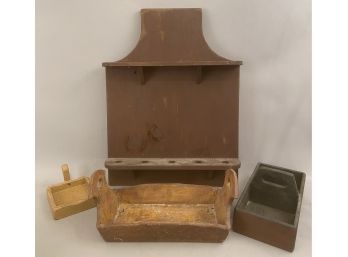 Four Country Kitchen Pieces Spoon Rack Shelf, Two Tool Caddies And Candle Holder
