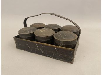 Antique Tin Spice Caddy With Six Canisters