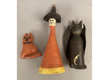 Rosemary A Flagg Three Pieces Halloween Cat Figures. Painted Oil Cloth
