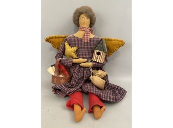 Elaine Russell 1996 Angel Painted Oil Cloth Doll Red White And Blue Americana