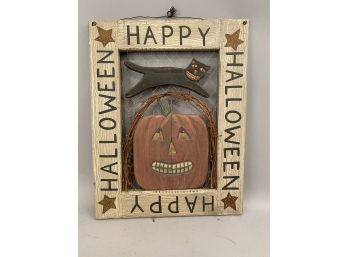 Happy Halloween Sign With Pumpkin And Black Cat