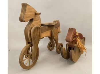 Two Handmade Horse Toys. One On Wheels, One Rocking