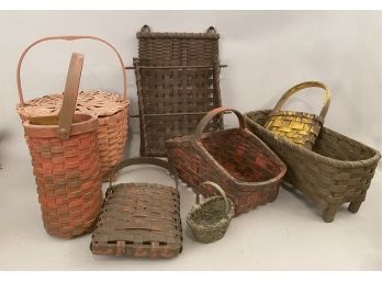 Eight Antique Style Baskets. Including Unusual Wall Basket
