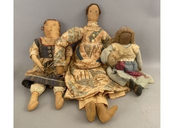Three Handcrafted Dolls One Painted Oil Cloth, Two Cloth