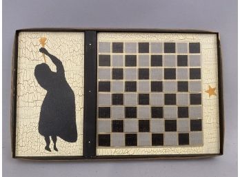 Small Folk Art Checkerboard With Figure Holding Horn