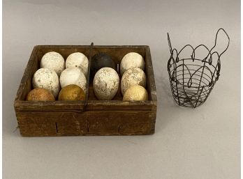 Antique Wooden Egg Box With Painted Wood And Eggs