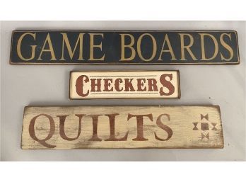 Three Antique Style Sign Game Boards, Checkers And Quilts