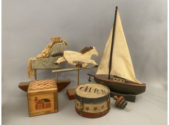 6 Handcraft Antique Style Toys Including Sailboat, Toy Drum, Top, Horses, Bank Box