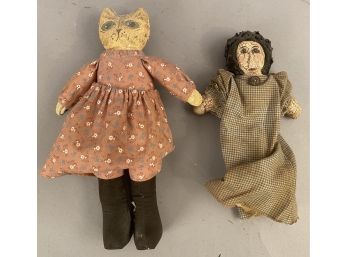 Two Handcrafted Dolls, One With Cat Head. One Signed Rosemary A Flagg