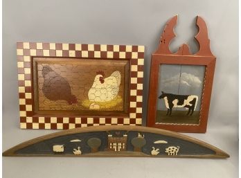 Three Handcrafted Signs Chickens, Cow And Carved House Scene