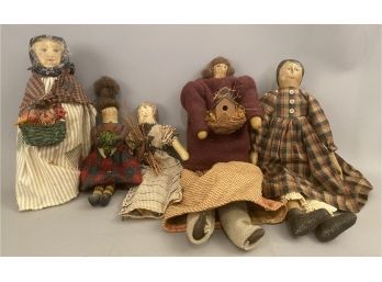 Five Handcrafted Painted Oil Cloth Dolls W Birdhouse, Basket...