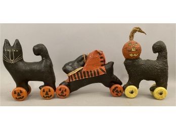Rosemary A Flagg Three Handcrafted Halloween Pull Toys, Rabbit, Cats