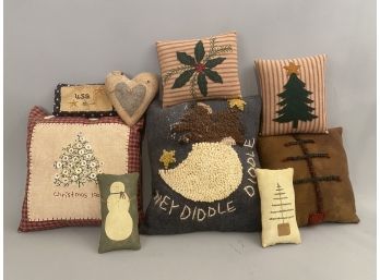 Nine Handcrafted Pillows Including Christmas