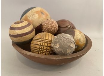 Wooden Bowl Filled With Balls Composition, Cloth And Papier-mache