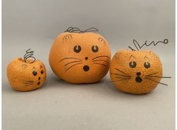 Three Handmade Painted Oil Cloth Cat Pumpkins One Signed N S