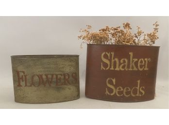 Two Tin   Oval Containers One Shaker Seeds, One Flowers