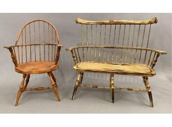 Two Pieces Miniature Windsor Style Bench And Bow Back Arm Chair