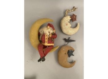 Three Moon Figures One With Seated Santa, Two With Stars