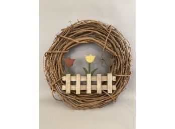 Large Twig Wreath With Picket Fence And Tulip Decoration