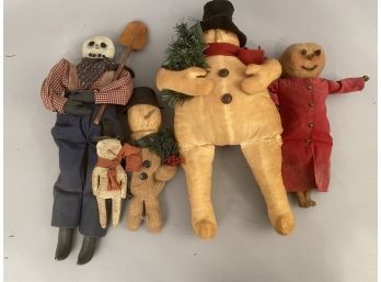 Five Handcrafted Snowman One With A Pumpkin Head