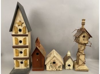 Five Handcrafted Bird Houses Hand Painted