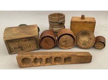 Eight Antique Country Kitchen Items Including Maple Sugar Molds And Butter Molds