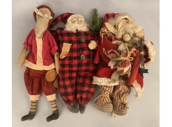 Handcrafted Santa Figures One Holding Stuffed Animals, Stuffed Doll Etc