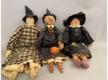 Three Halloween Witch Dolls One Holding Pumpkin